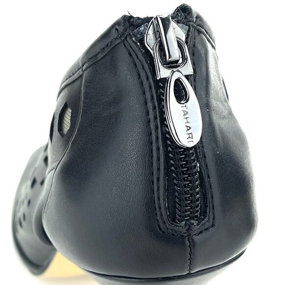 Tahari Lilith Black Stiletto Heels Sz 8.5 Open Toe Leather Laser Cut-Out Accent - Picture 10 of 15